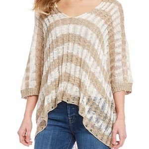 ELAN Striped V-Neck Hi-Low Sharkbite Hem Sweater